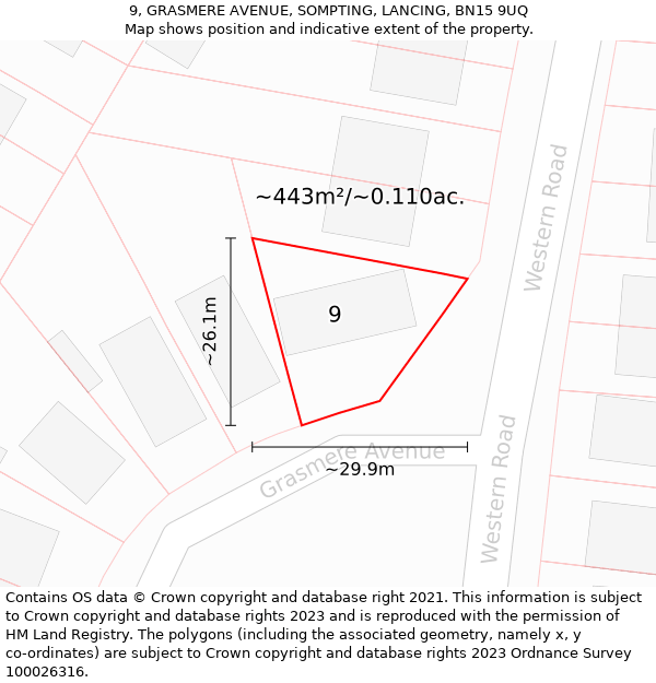 9, GRASMERE AVENUE, SOMPTING, LANCING, BN15 9UQ: Plot and title map