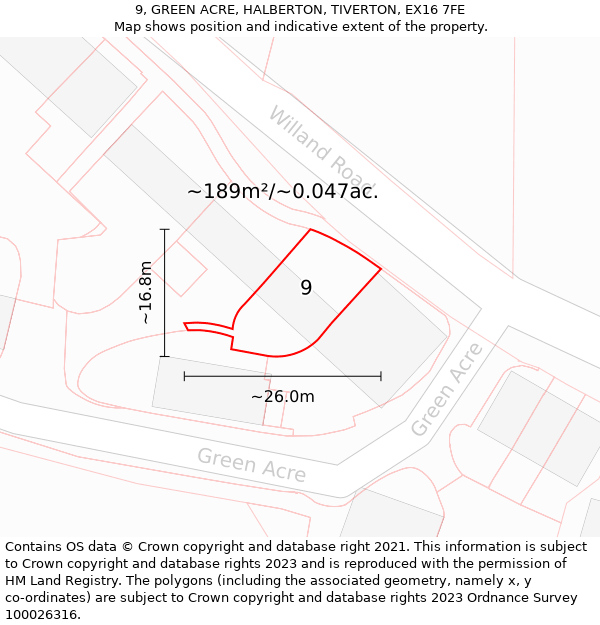 9, GREEN ACRE, HALBERTON, TIVERTON, EX16 7FE: Plot and title map