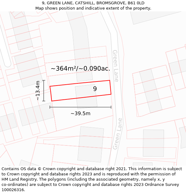 9, GREEN LANE, CATSHILL, BROMSGROVE, B61 0LD: Plot and title map