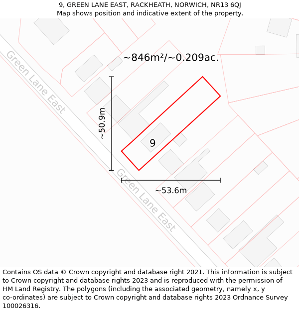 9, GREEN LANE EAST, RACKHEATH, NORWICH, NR13 6QJ: Plot and title map