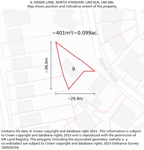 9, GREEN LANE, NORTH HYKEHAM, LINCOLN, LN6 8NL: Plot and title map