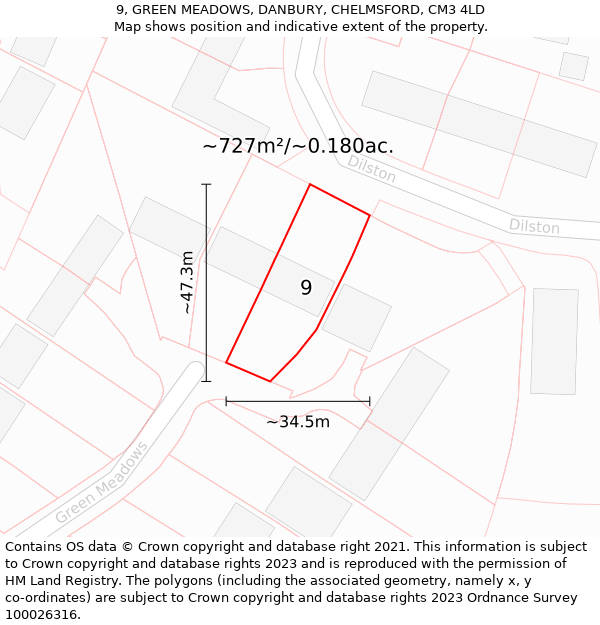 9, GREEN MEADOWS, DANBURY, CHELMSFORD, CM3 4LD: Plot and title map