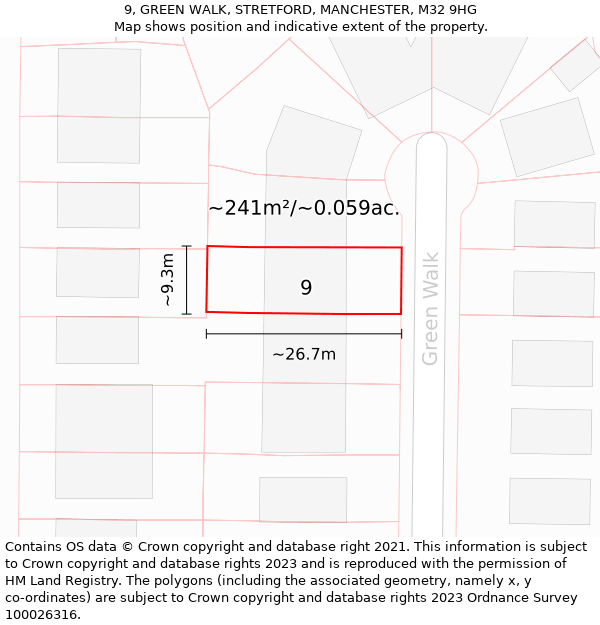 9, GREEN WALK, STRETFORD, MANCHESTER, M32 9HG: Plot and title map