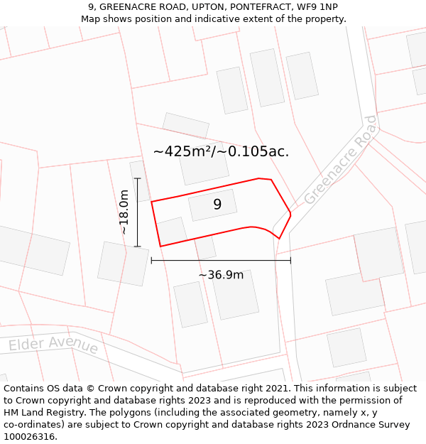 9, GREENACRE ROAD, UPTON, PONTEFRACT, WF9 1NP: Plot and title map