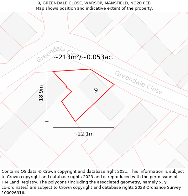 9, GREENDALE CLOSE, WARSOP, MANSFIELD, NG20 0EB: Plot and title map