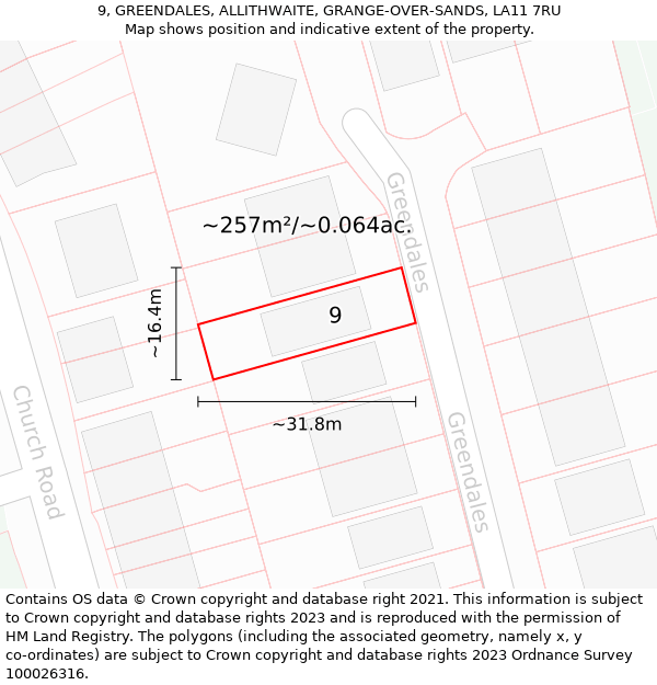 9, GREENDALES, ALLITHWAITE, GRANGE-OVER-SANDS, LA11 7RU: Plot and title map