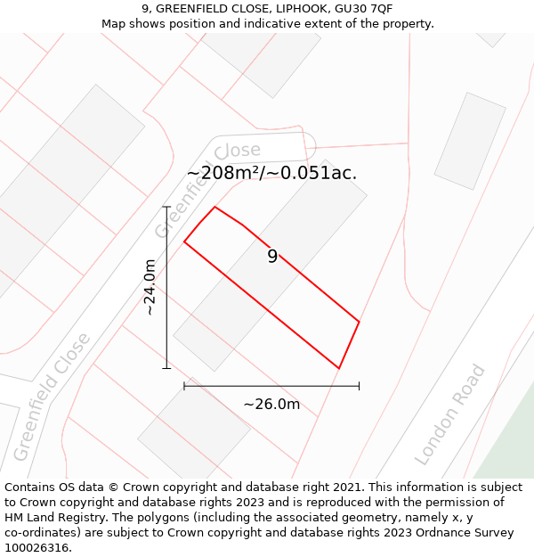 9, GREENFIELD CLOSE, LIPHOOK, GU30 7QF: Plot and title map