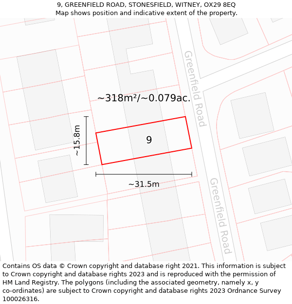 9, GREENFIELD ROAD, STONESFIELD, WITNEY, OX29 8EQ: Plot and title map