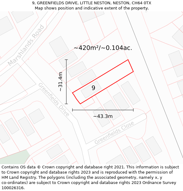 9, GREENFIELDS DRIVE, LITTLE NESTON, NESTON, CH64 0TX: Plot and title map