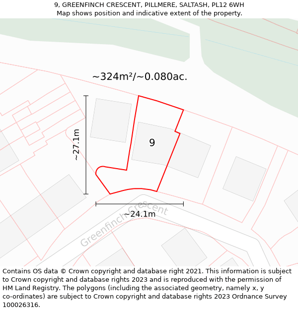 9, GREENFINCH CRESCENT, PILLMERE, SALTASH, PL12 6WH: Plot and title map