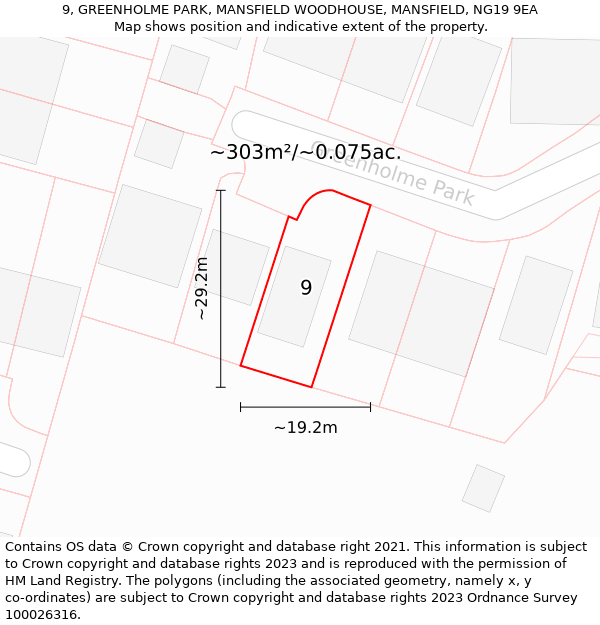 9, GREENHOLME PARK, MANSFIELD WOODHOUSE, MANSFIELD, NG19 9EA: Plot and title map