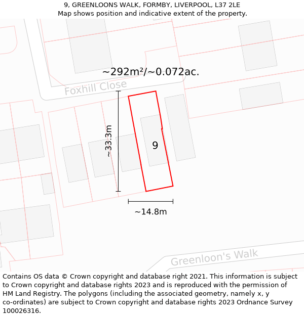 9, GREENLOONS WALK, FORMBY, LIVERPOOL, L37 2LE: Plot and title map