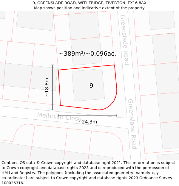 9, GREENSLADE ROAD, WITHERIDGE, TIVERTON, EX16 8AX: Plot and title map