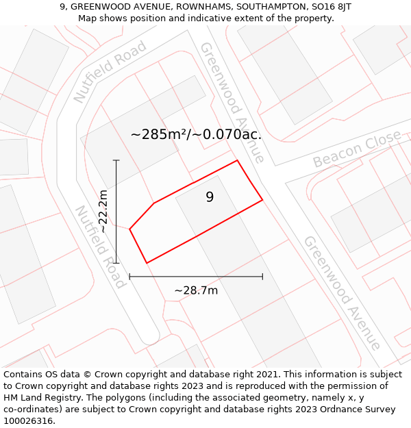 9, GREENWOOD AVENUE, ROWNHAMS, SOUTHAMPTON, SO16 8JT: Plot and title map