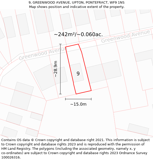 9, GREENWOOD AVENUE, UPTON, PONTEFRACT, WF9 1NS: Plot and title map