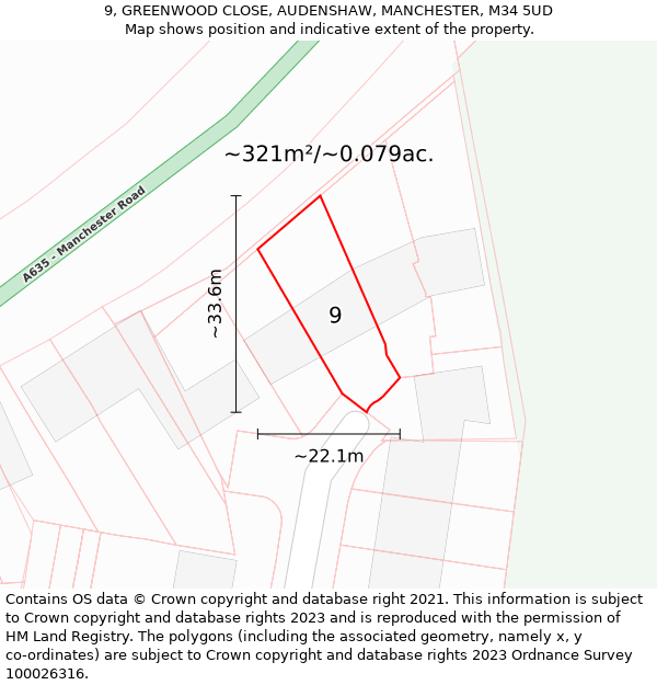 9, GREENWOOD CLOSE, AUDENSHAW, MANCHESTER, M34 5UD: Plot and title map