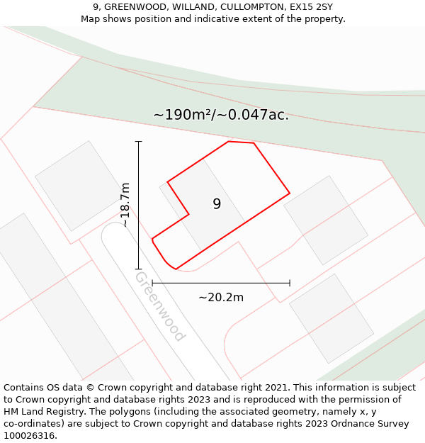 9, GREENWOOD, WILLAND, CULLOMPTON, EX15 2SY: Plot and title map