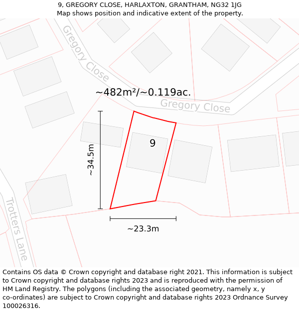 9, GREGORY CLOSE, HARLAXTON, GRANTHAM, NG32 1JG: Plot and title map