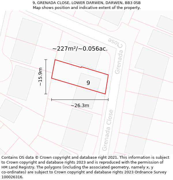 9, GRENADA CLOSE, LOWER DARWEN, DARWEN, BB3 0SB: Plot and title map