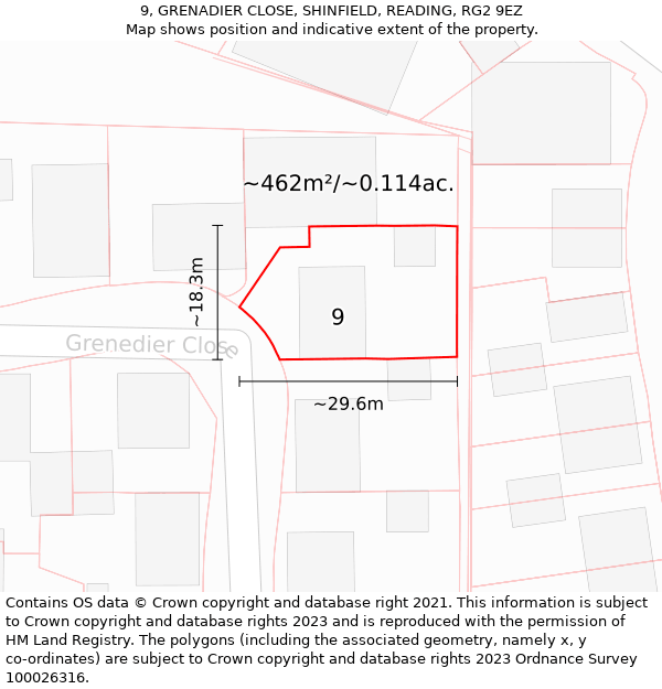 9, GRENADIER CLOSE, SHINFIELD, READING, RG2 9EZ: Plot and title map