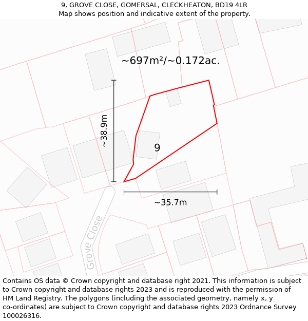 9, GROVE CLOSE, GOMERSAL, CLECKHEATON, BD19 4LR: Plot and title map