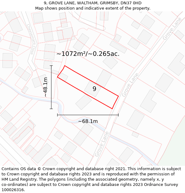 9, GROVE LANE, WALTHAM, GRIMSBY, DN37 0HD: Plot and title map