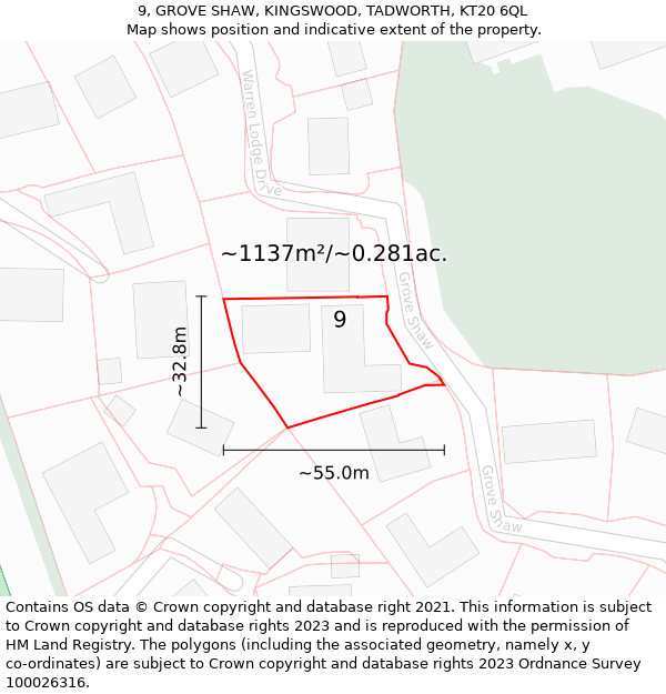 9, GROVE SHAW, KINGSWOOD, TADWORTH, KT20 6QL: Plot and title map