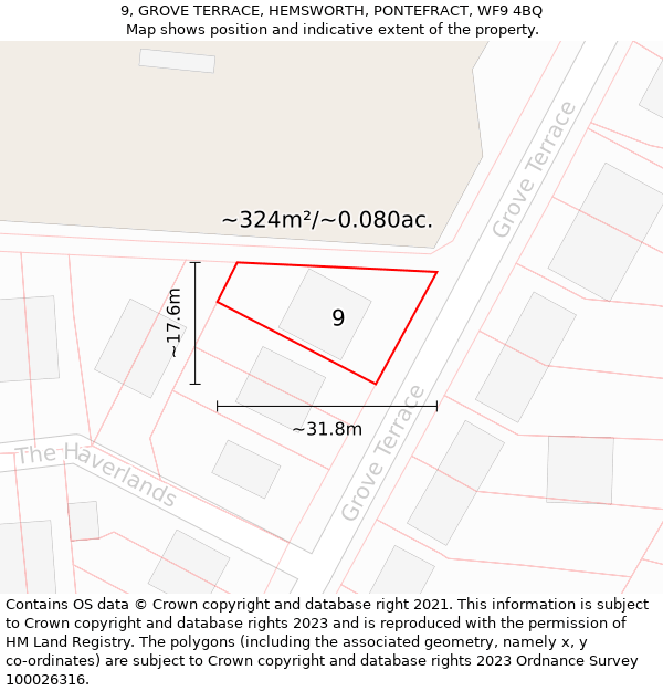 9, GROVE TERRACE, HEMSWORTH, PONTEFRACT, WF9 4BQ: Plot and title map