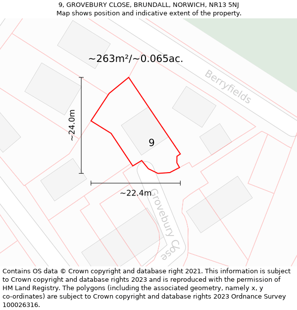 9, GROVEBURY CLOSE, BRUNDALL, NORWICH, NR13 5NJ: Plot and title map