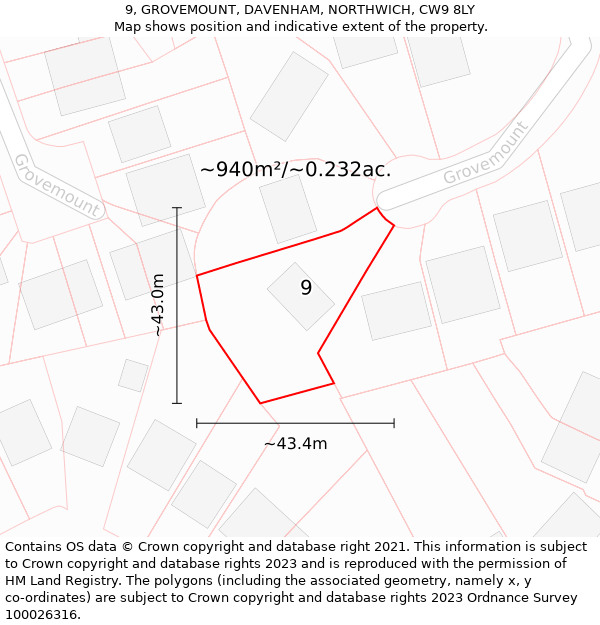 9, GROVEMOUNT, DAVENHAM, NORTHWICH, CW9 8LY: Plot and title map