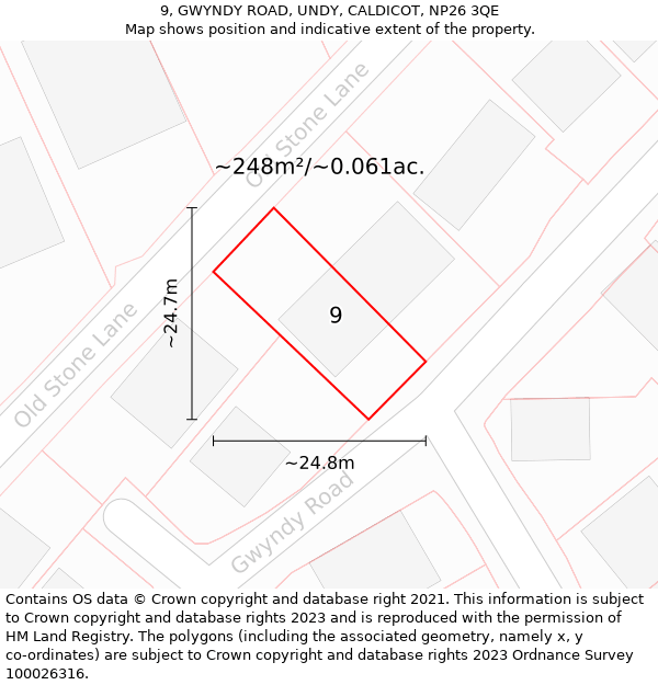 9, GWYNDY ROAD, UNDY, CALDICOT, NP26 3QE: Plot and title map