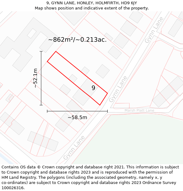 9, GYNN LANE, HONLEY, HOLMFIRTH, HD9 6JY: Plot and title map