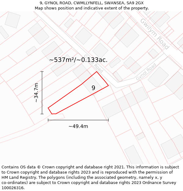 9, GYNOL ROAD, CWMLLYNFELL, SWANSEA, SA9 2GX: Plot and title map