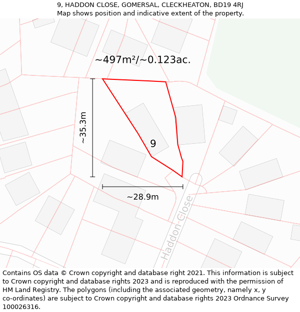 9, HADDON CLOSE, GOMERSAL, CLECKHEATON, BD19 4RJ: Plot and title map