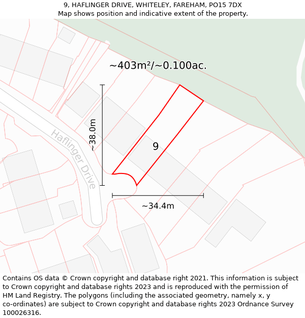 9, HAFLINGER DRIVE, WHITELEY, FAREHAM, PO15 7DX: Plot and title map