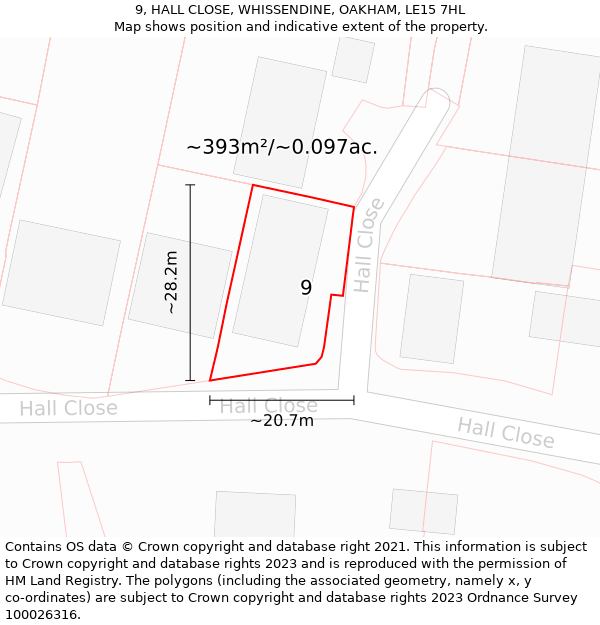 9, HALL CLOSE, WHISSENDINE, OAKHAM, LE15 7HL: Plot and title map