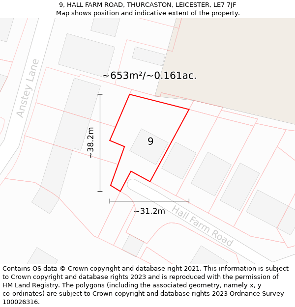 9, HALL FARM ROAD, THURCASTON, LEICESTER, LE7 7JF: Plot and title map