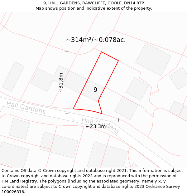 9, HALL GARDENS, RAWCLIFFE, GOOLE, DN14 8TP: Plot and title map