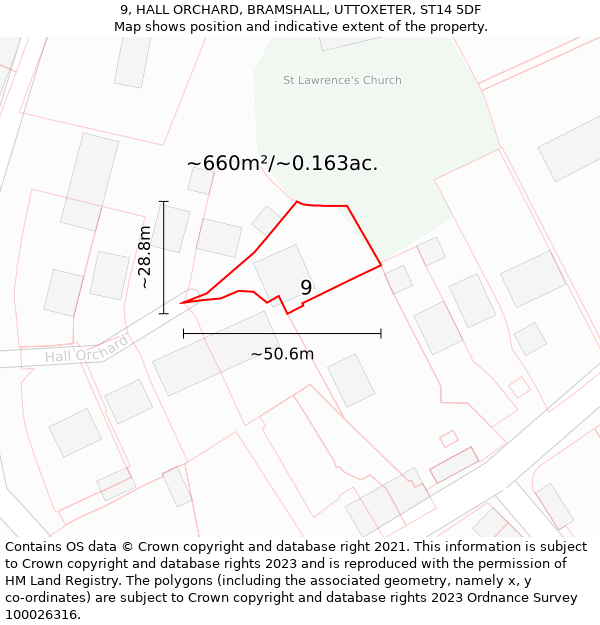 9, HALL ORCHARD, BRAMSHALL, UTTOXETER, ST14 5DF: Plot and title map