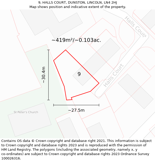 9, HALLS COURT, DUNSTON, LINCOLN, LN4 2HJ: Plot and title map