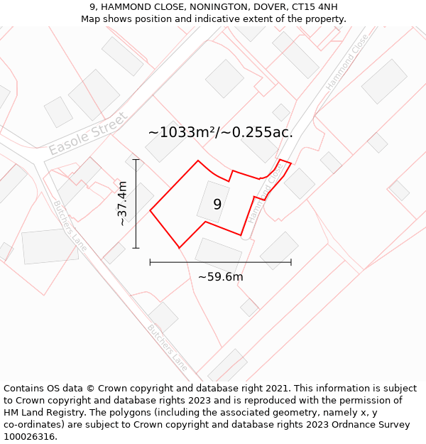 9, HAMMOND CLOSE, NONINGTON, DOVER, CT15 4NH: Plot and title map