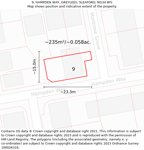 9, HAMPDEN WAY, GREYLEES, SLEAFORD, NG34 8FS: Plot and title map