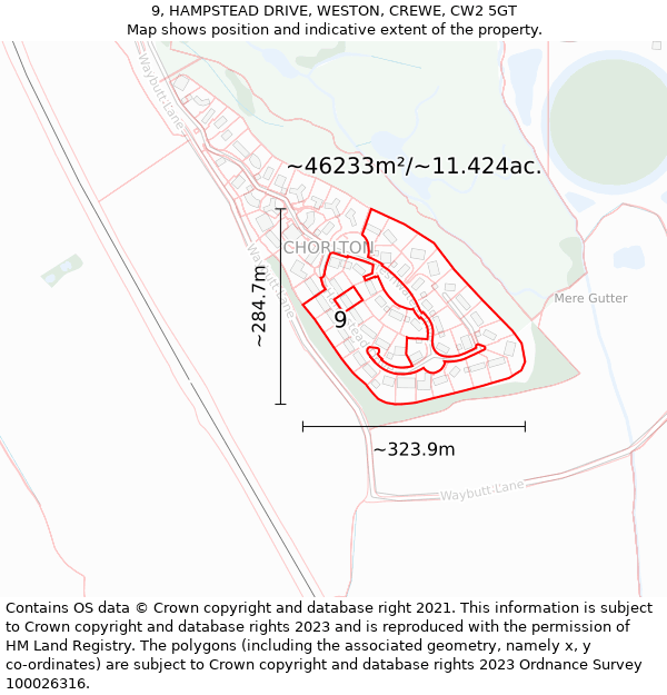 9, HAMPSTEAD DRIVE, WESTON, CREWE, CW2 5GT: Plot and title map