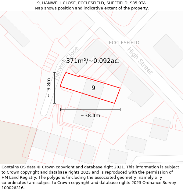 9, HANWELL CLOSE, ECCLESFIELD, SHEFFIELD, S35 9TA: Plot and title map