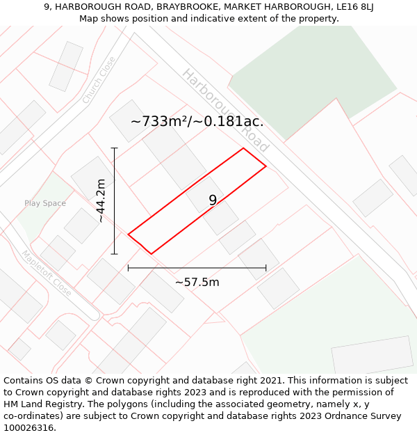 9, HARBOROUGH ROAD, BRAYBROOKE, MARKET HARBOROUGH, LE16 8LJ: Plot and title map