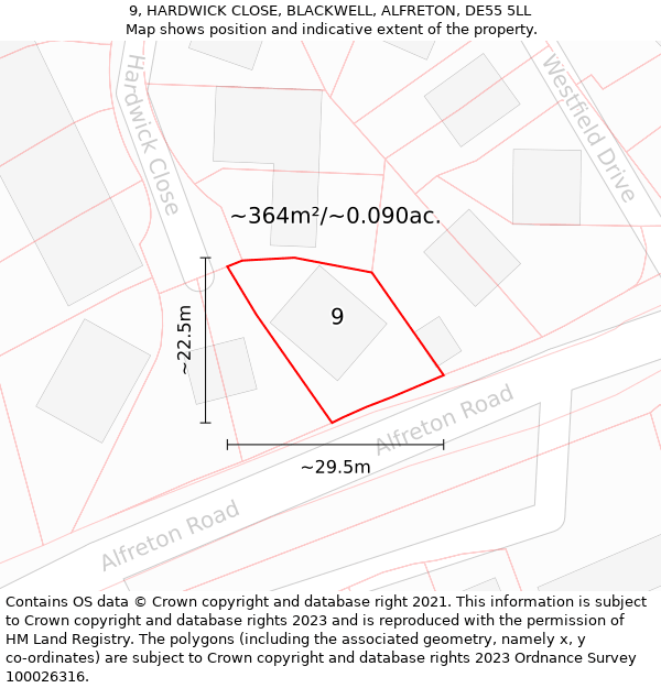 9, HARDWICK CLOSE, BLACKWELL, ALFRETON, DE55 5LL: Plot and title map