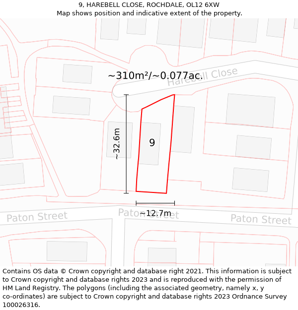 9, HAREBELL CLOSE, ROCHDALE, OL12 6XW: Plot and title map