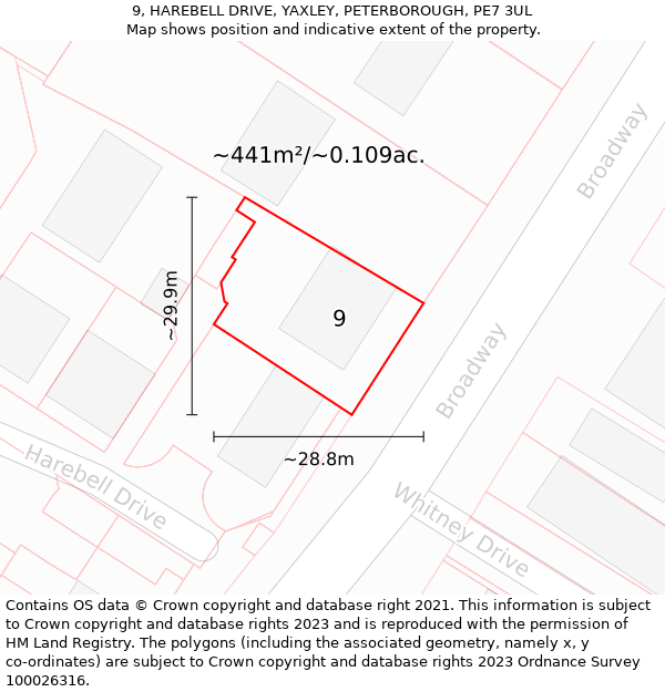 9, HAREBELL DRIVE, YAXLEY, PETERBOROUGH, PE7 3UL: Plot and title map