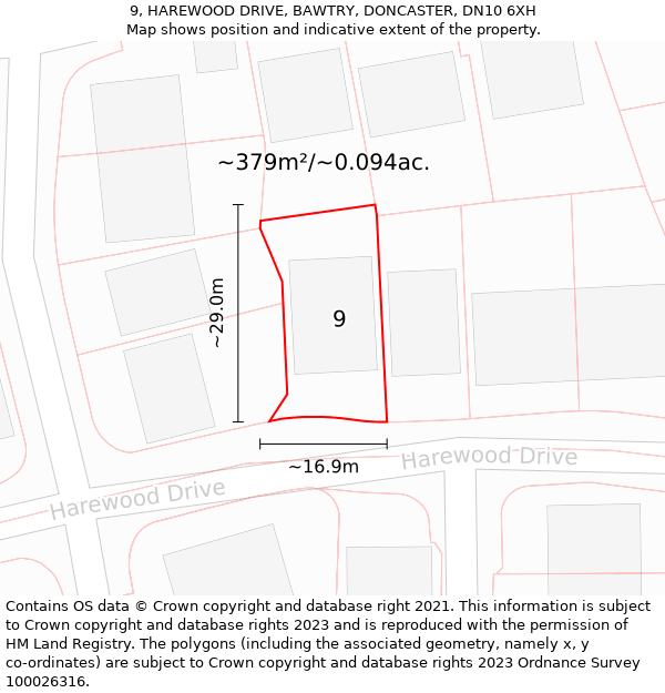 9, HAREWOOD DRIVE, BAWTRY, DONCASTER, DN10 6XH: Plot and title map