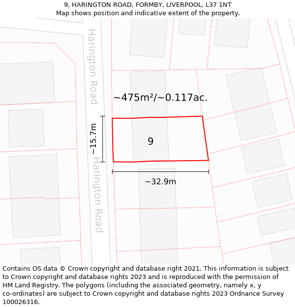 9, HARINGTON ROAD, FORMBY, LIVERPOOL, L37 1NT: Plot and title map